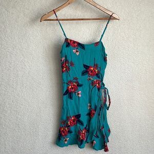 Express Dress Womens Size XS Blue Green Floral Faux Wrap Minidress‎